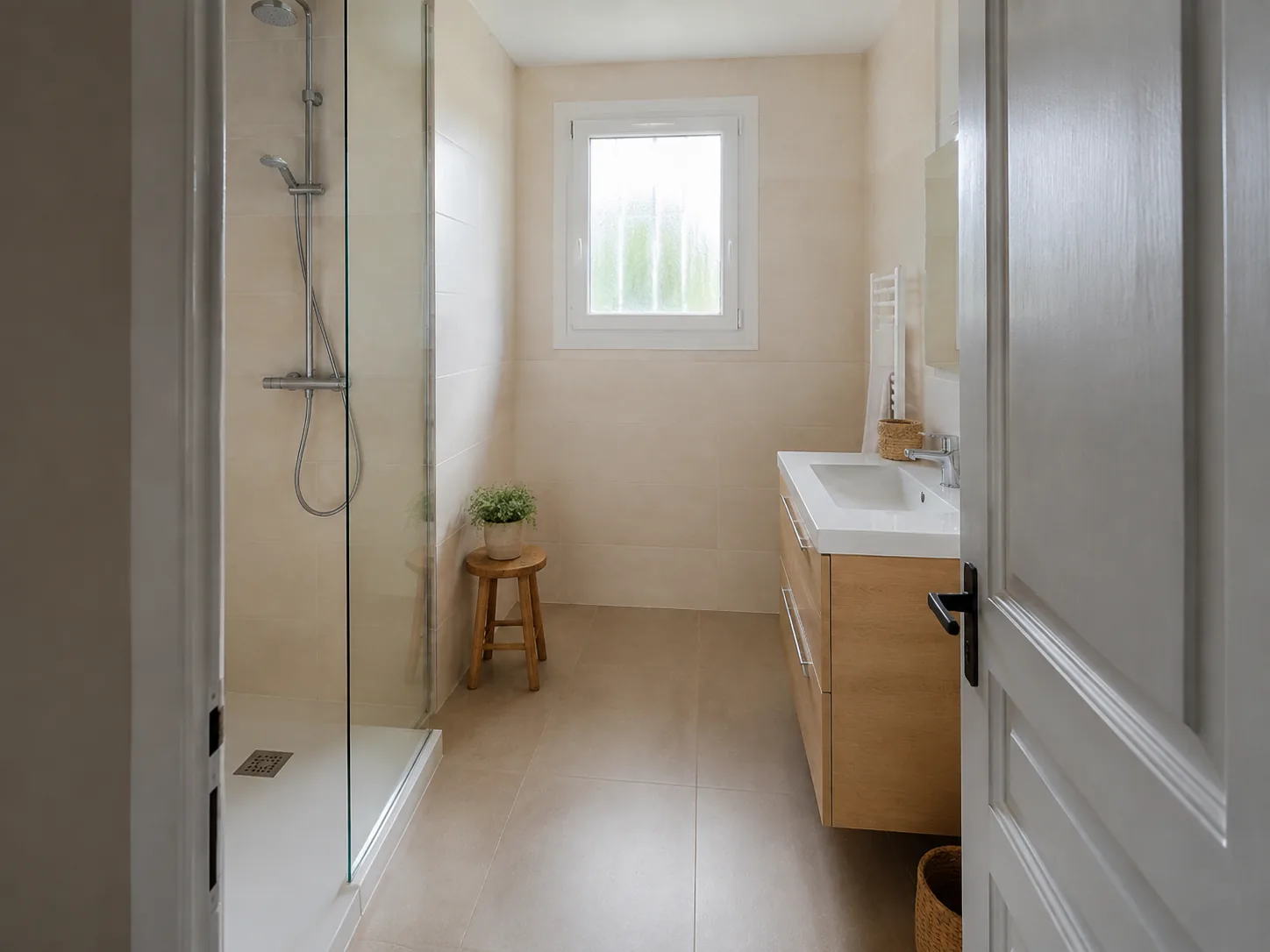 Image générée : douche vitrée, meuble vasque en chêne et carrelage clair.
