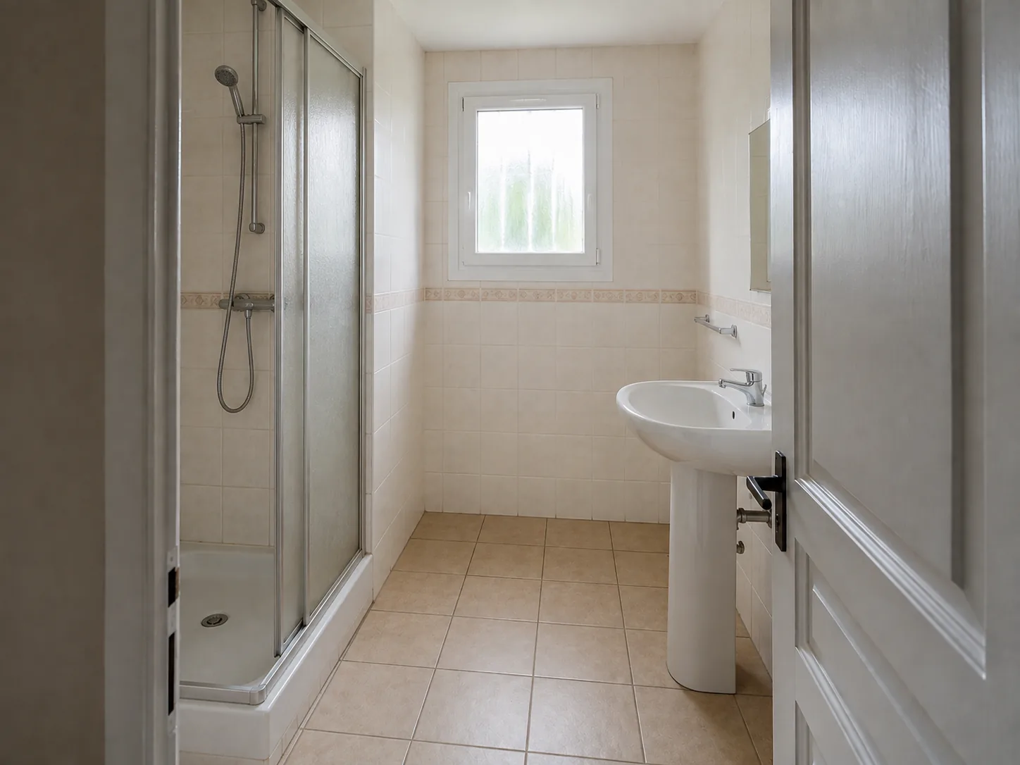 Image de démonstration : ancienne cabine de douche et lavabo sur pied.